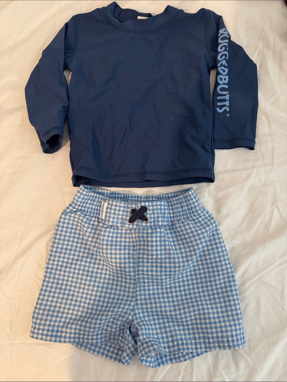Rugged butts 12-18 months Navy Rash Guard & Light Blue Gingham Swim Shorts Set